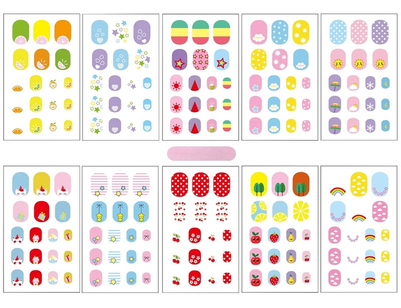 IHUKEIT Kids Nail Stickers Full Nail Wraps Self Adhesive Nail Polish Strips for Kids Girls Nail Art Decoration Fun Including Fruits Rainbows Stars Hearts Clouds Recommend for Age 8 and Older (Pack of 10) - Image 1